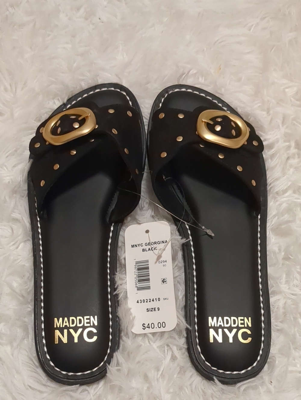 Madden NYC Black Slide Sandals with Gold Buckle Size 9 - Picture 5 of 12